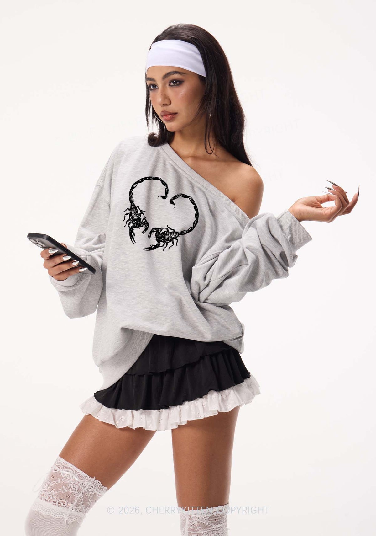 Skull Scorpion Heart Y2K Off Shoulder Sweatshirts Cherrykitten