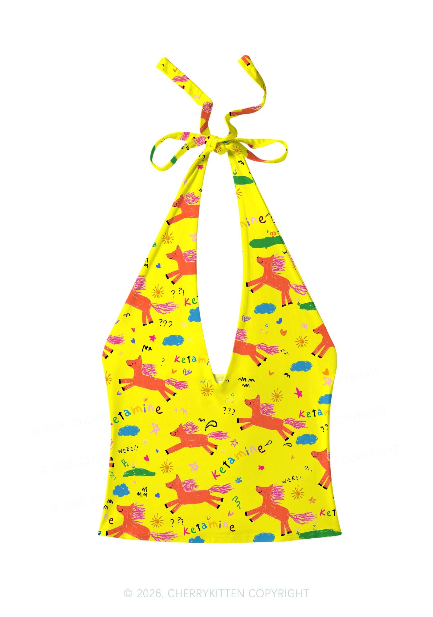 Orange Pony On Yellow Y2K Print Halter Deep V Neck Cami Cherrykitten
