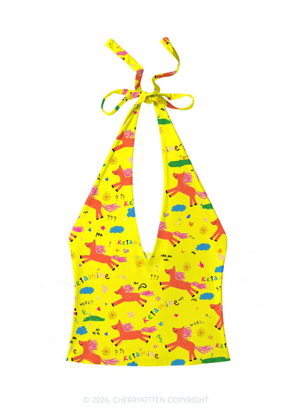 Orange Pony On Yellow Y2K Print Halter Deep V Neck Cami Cherrykitten