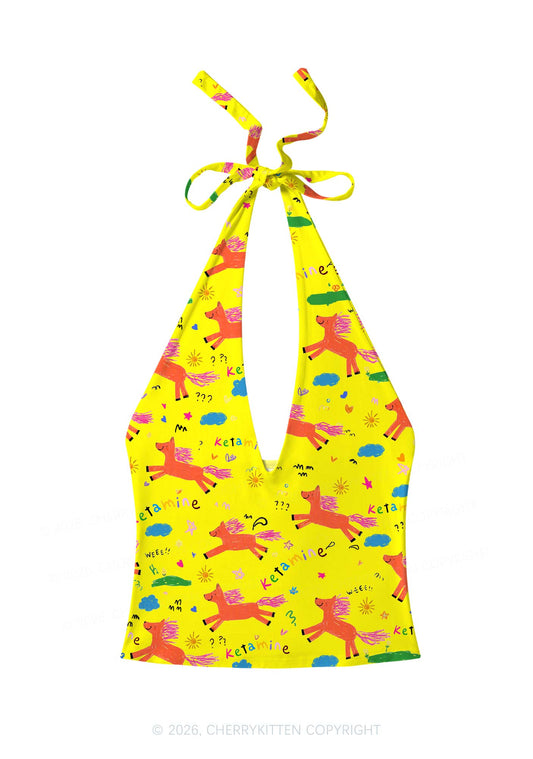 Orange Pony On Yellow Y2K Print Halter Deep V Neck Cami Cherrykitten