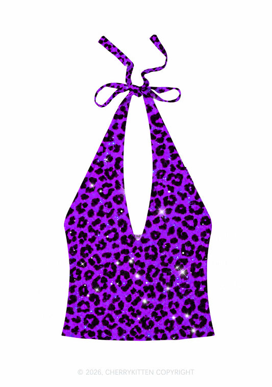 Dark Purple Leopard Y2K Print Halter Deep V Neck Cami Cherrykitten