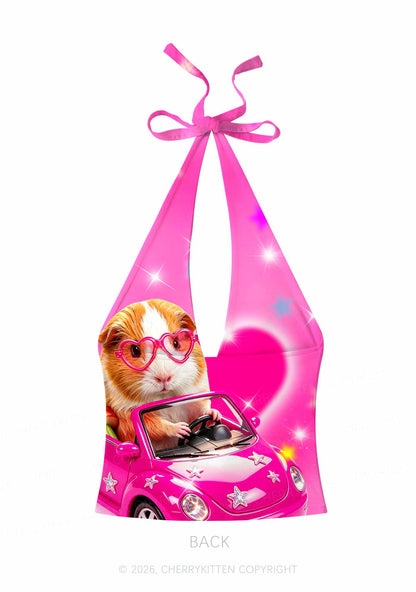 Pink Car Guinea Pig Y2K Print Halter Deep V Neck Cami Cherrykitten