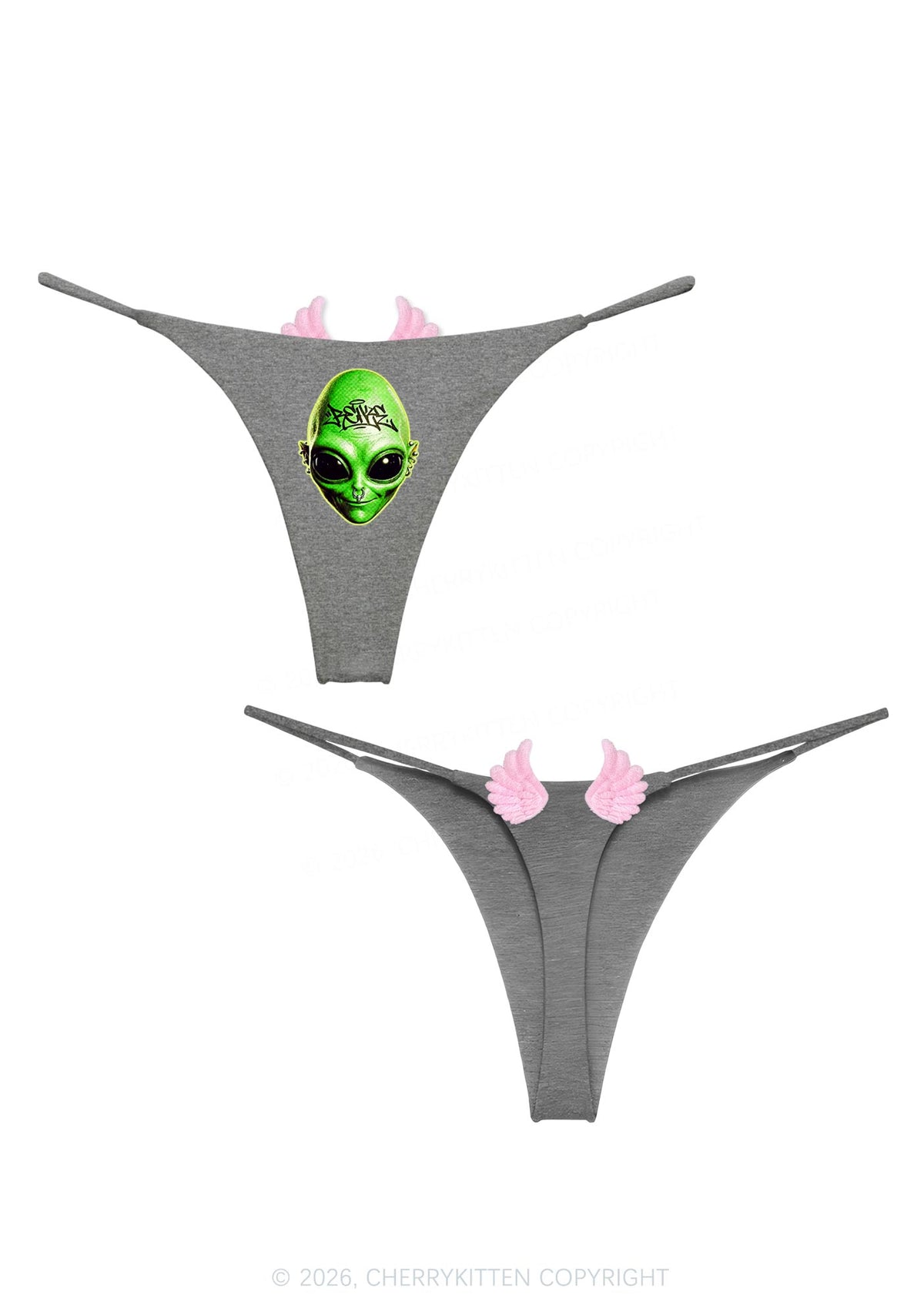 Halloween Green Alien Head Y2K Goth Angel Wings Bikini String Thong Cherrykitten