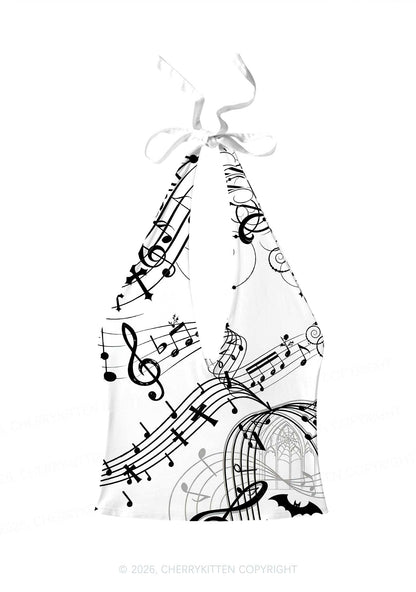 Halloween Gothic Music Note Cross Bat Y2K Print Halter Deep V Neck Cami Cherrykitten