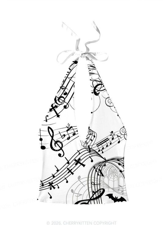 Halloween Gothic Music Note Cross Bat Y2K Print Halter Deep V Neck Cami Cherrykitten
