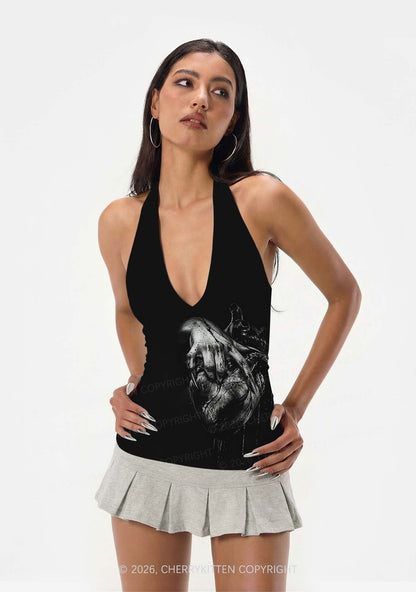 Halloween Monster Hand Bleeding Heart Y2K Print Halter Deep V Neck Cami Cherrykitten