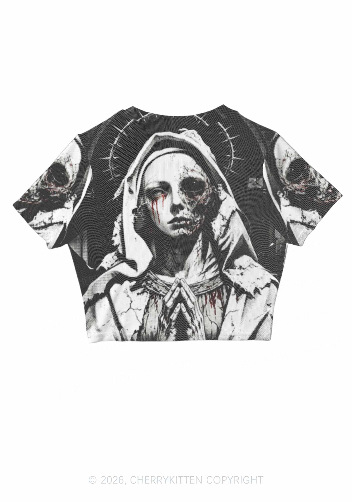 Halloween Decaying Prayer Figure Y2K Mesh Crop Top Cherrykitten