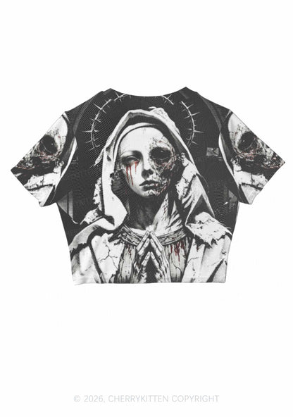 Halloween Decaying Prayer Figure Y2K Mesh Crop Top Cherrykitten