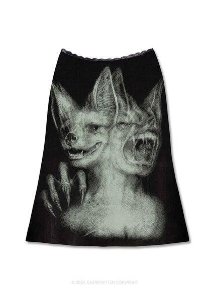 Halloween Two Head Monster Y2K Print Midi Skirt Cherrykitten