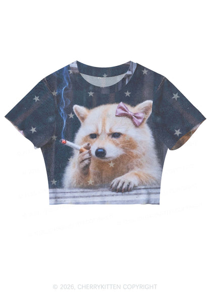 Pink Bow Smoking Raccoon Y2K Mesh Crop Top Cherrykitten