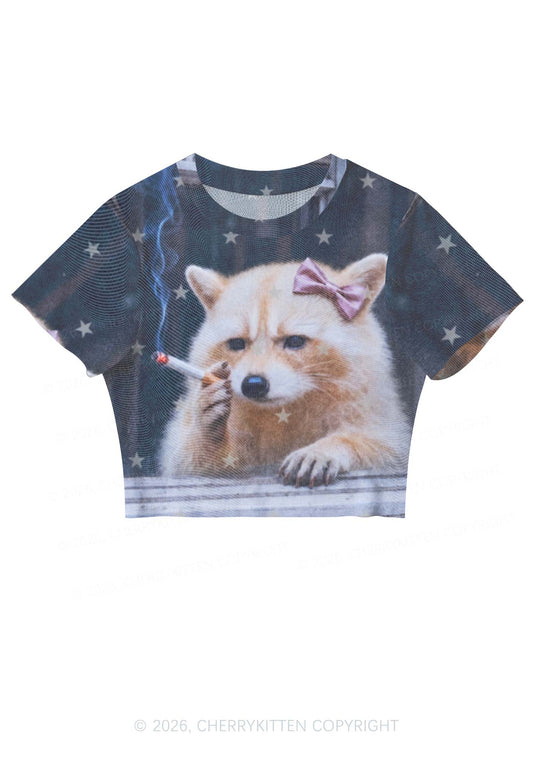 Pink Bow Smoking Raccoon Y2K Mesh Crop Top Cherrykitten