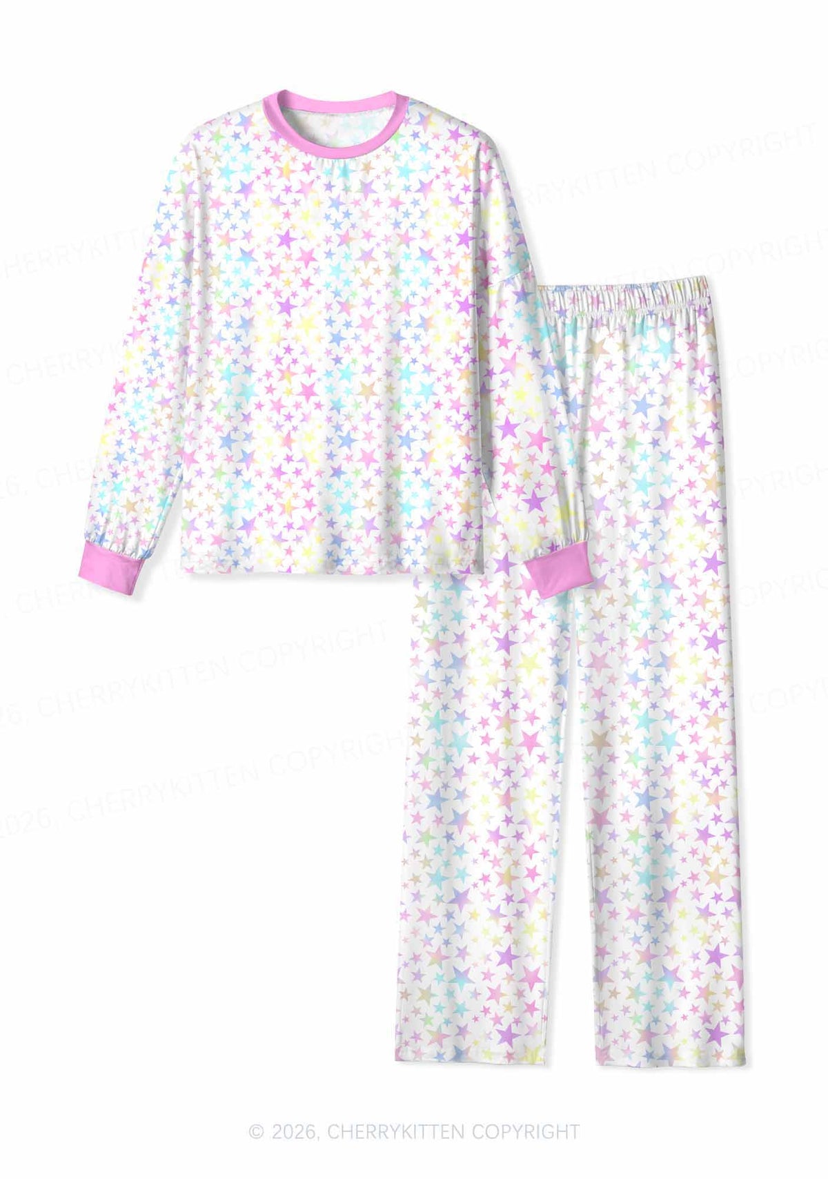 Rainbow Star On White Y2K Print Long Sleeve Pajama Set Cherrykitten