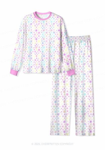 Rainbow Star On White Y2K Print Long Sleeve Pajama Set Cherrykitten