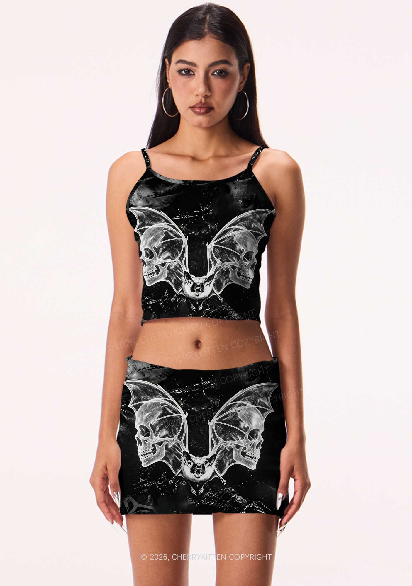 Halloween Bat Skeleton Wings Y2K Print Mini Skirt Cherrykitten