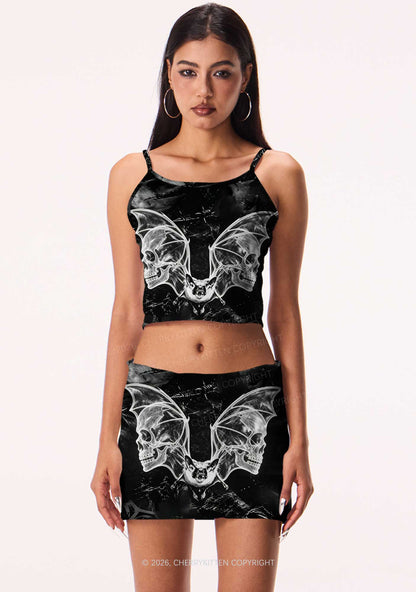 Halloween Bat Skeleton Wings Y2K Print Mini Skirt Cherrykitten