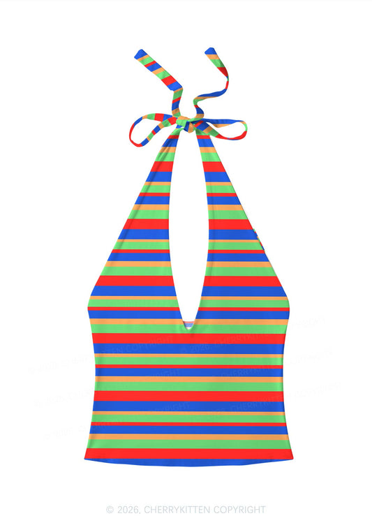 Rainbow Horizontal Stripe Y2K Print Halter Deep V Neck Cami Cherrykitten