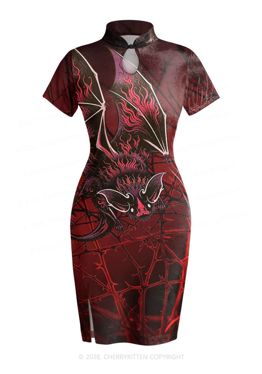 Halloween Flaming Bat Thorn Web Y2K Cheongsam Mini Dress Cherrykitten