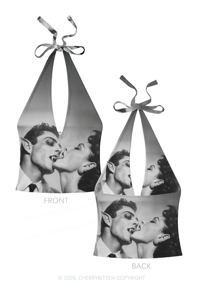 Halloween Vampire Couple Y2K Print Halter Deep V Neck Cami Cherrykitten