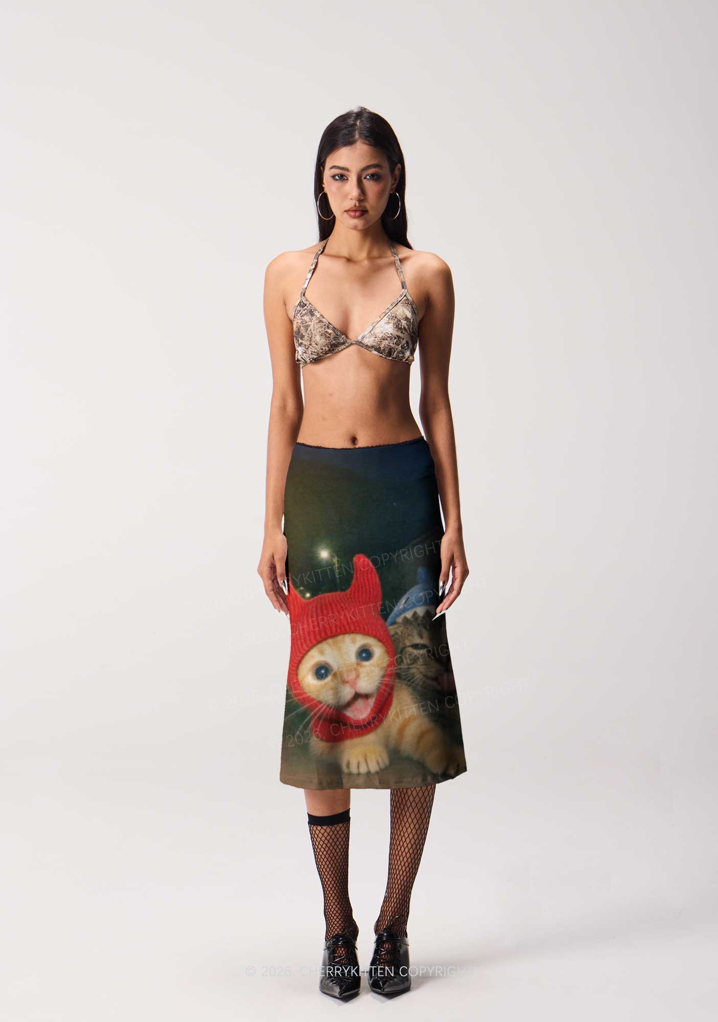 Halloween Devil Shark Hat Cat Y2K Print Midi Skirt Cherrykitten