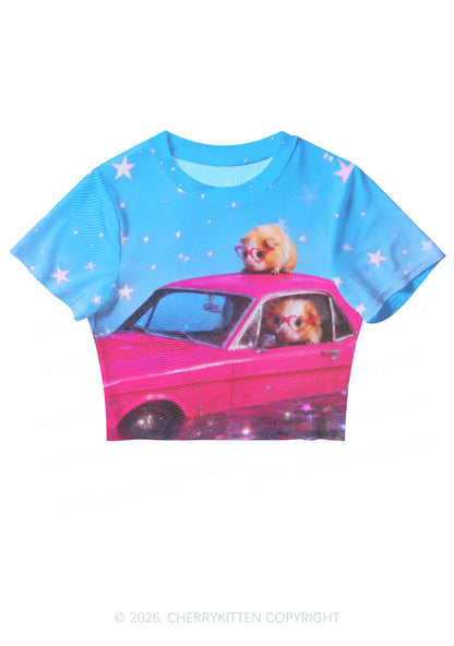 Two Guinea Pigs On Pink Car Y2K Mesh Crop Top Cherrykitten