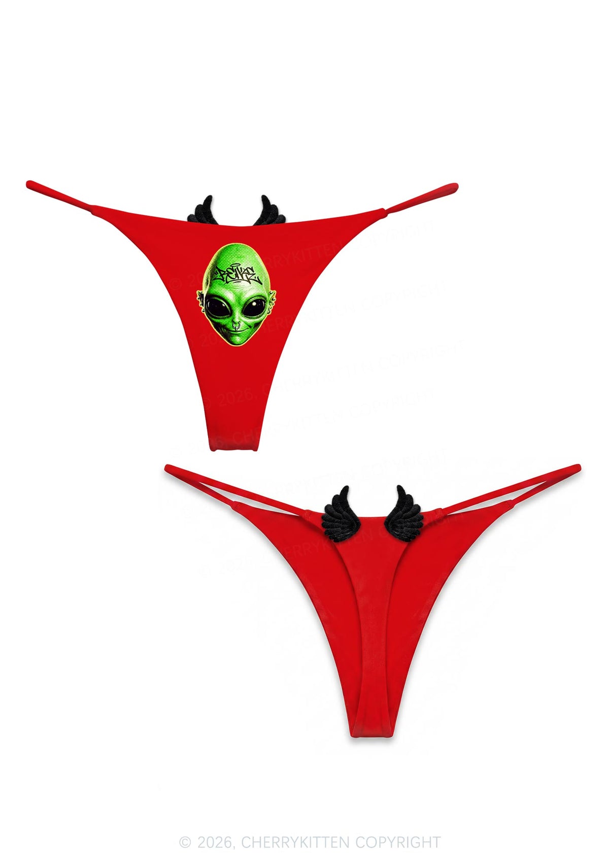 Halloween Green Alien Head Y2K Goth Angel Wings Bikini String Thong Cherrykitten