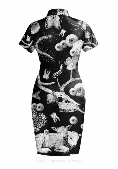 Halloween Dark Sheep Bone Y2K Cheongsam Mini Dress Cherrykitten