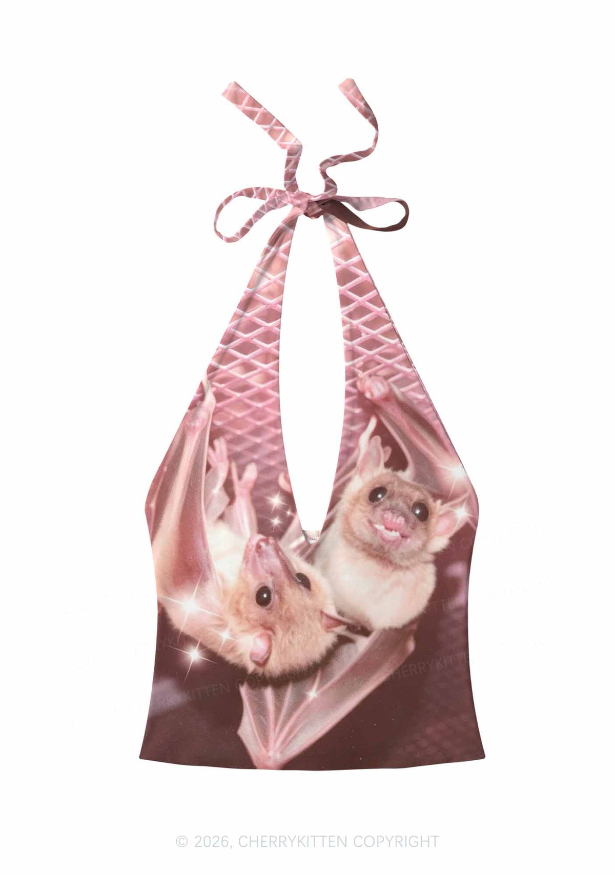 Halloween Two Baby Bats Y2K Print Halter Deep V Neck Cami Cherrykitten