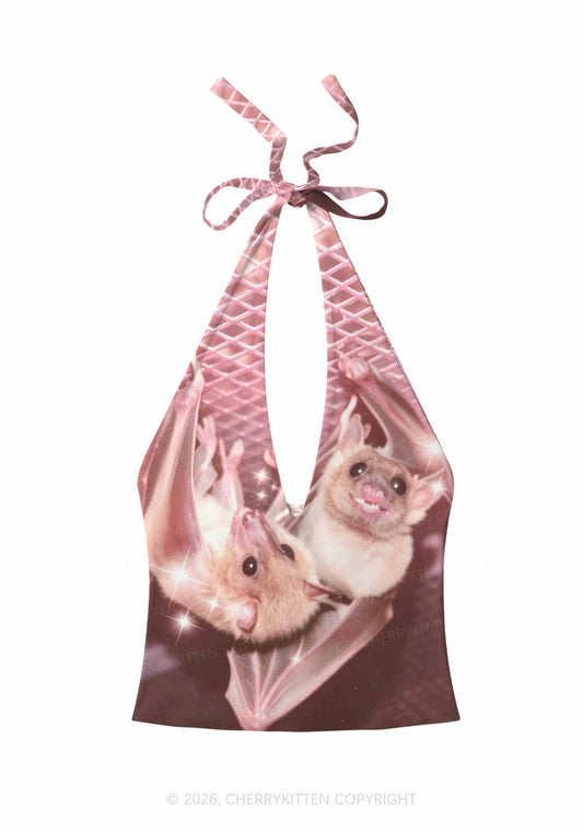 Halloween Two Baby Bats Y2K Print Halter Deep V Neck Cami Cherrykitten