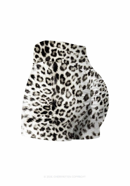 Snow Leopard Y2K Print Gym Shorts Cherrykitten