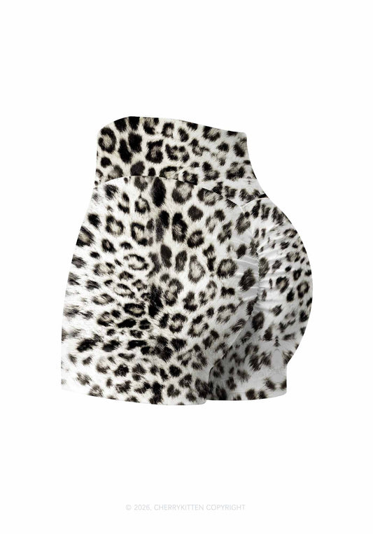 Snow Leopard Y2K Print Gym Shorts Cherrykitten