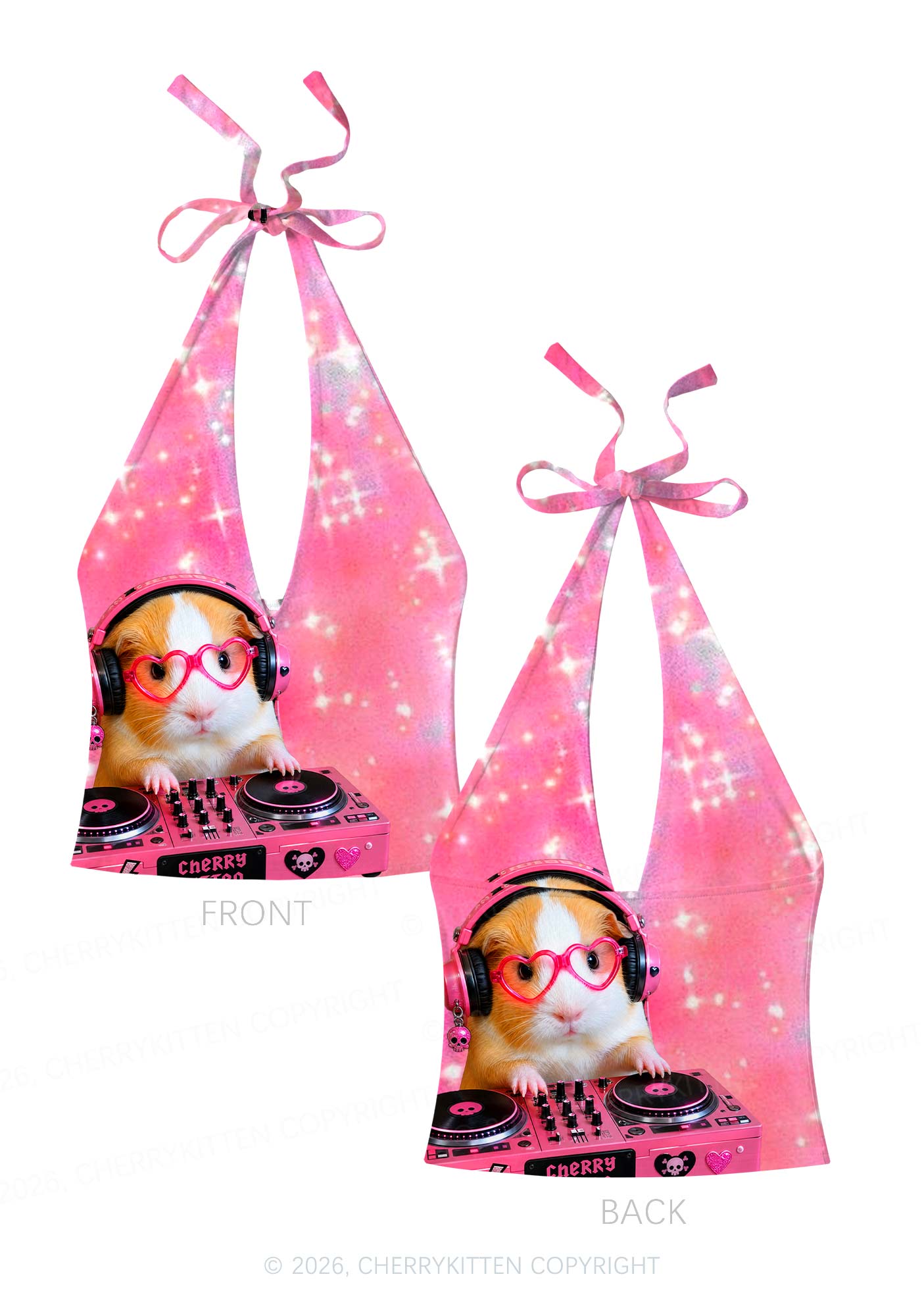 DJ Guinea Pig Y2K Print Halter Deep V Neck Cami Cherrykitten