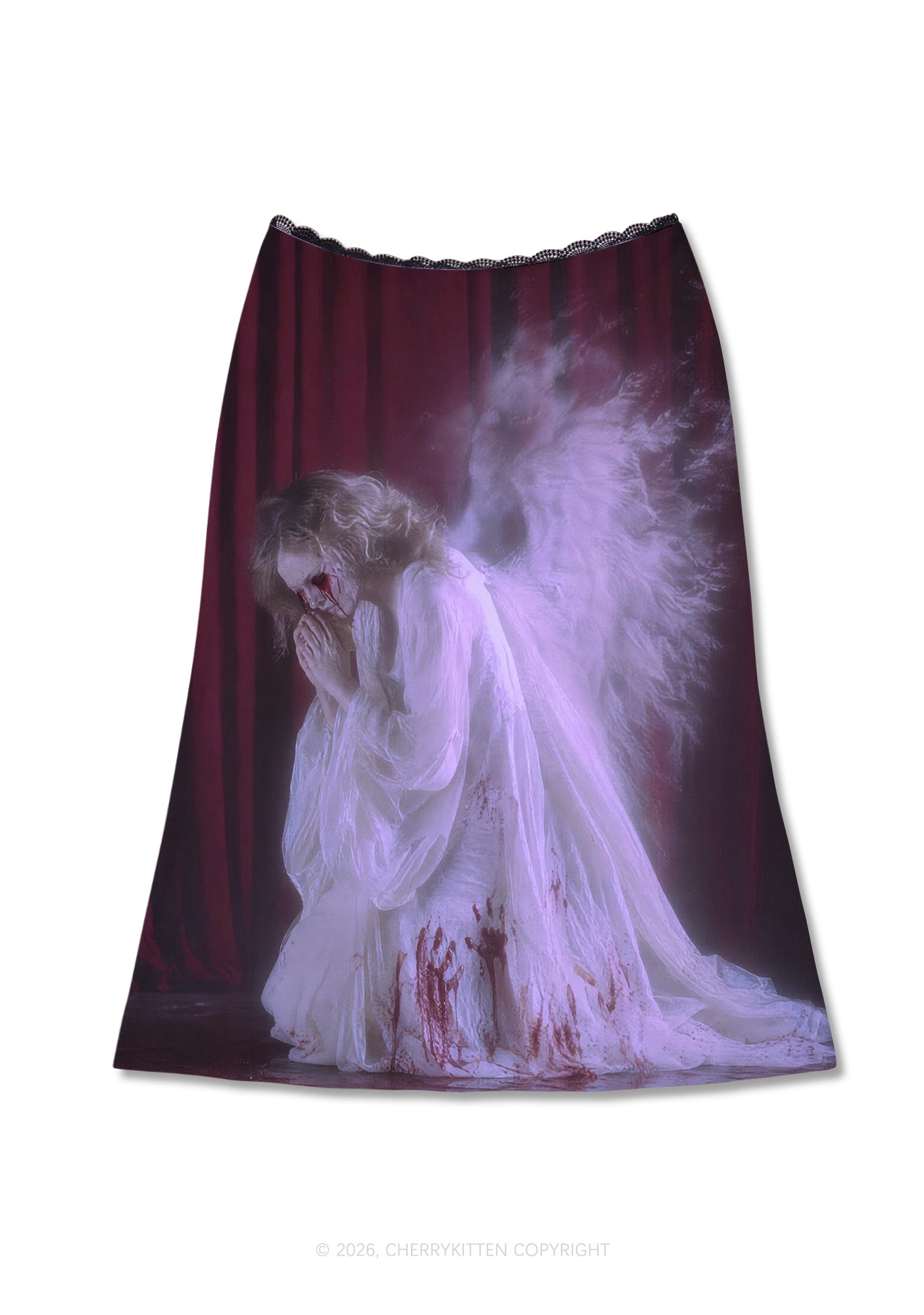 Halloween Bloody Praying Angel Y2K Print Midi Skirt Cherrykitten