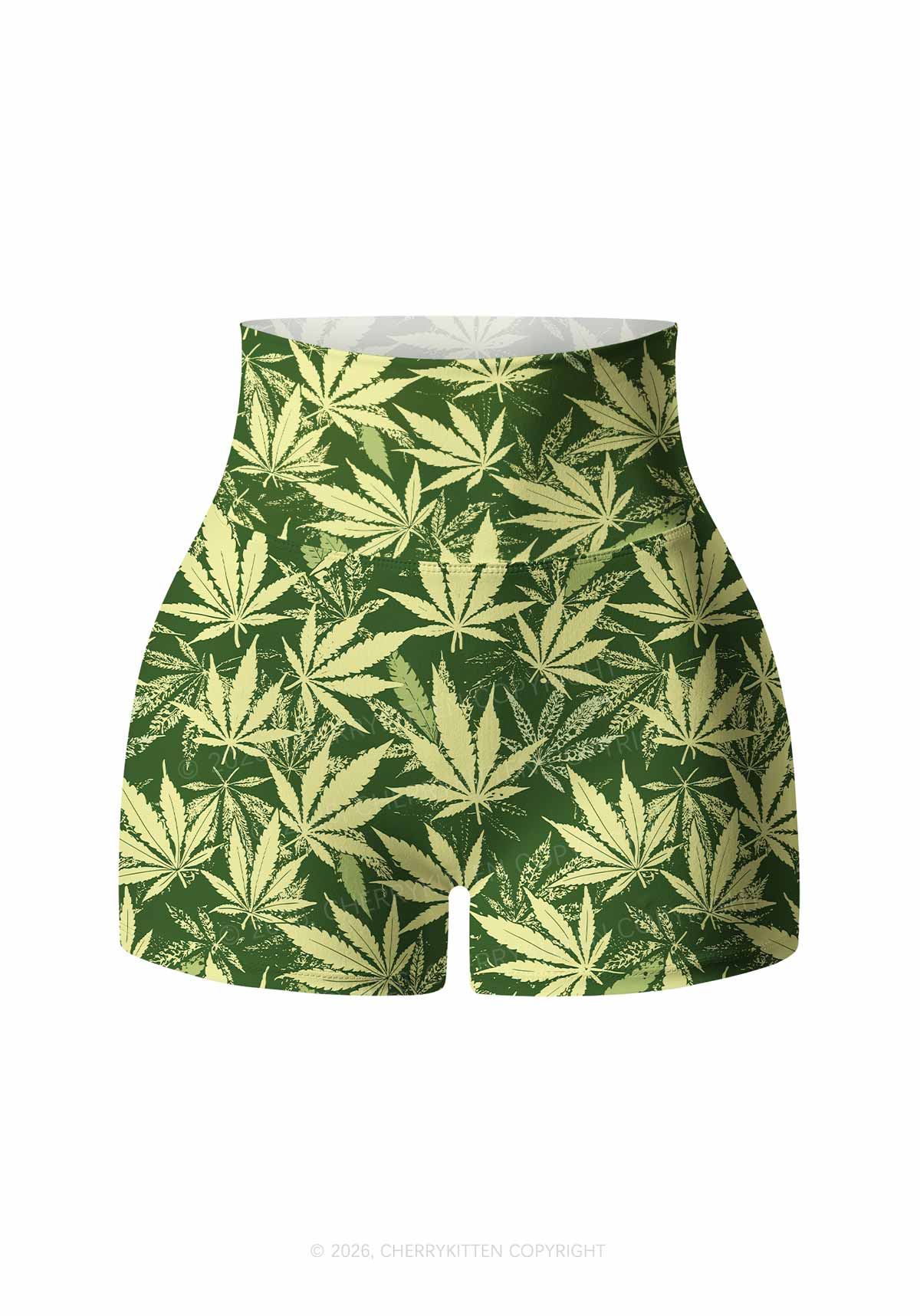 Green Wxxd Leaf Y2K Print Gym Shorts Cherrykitten