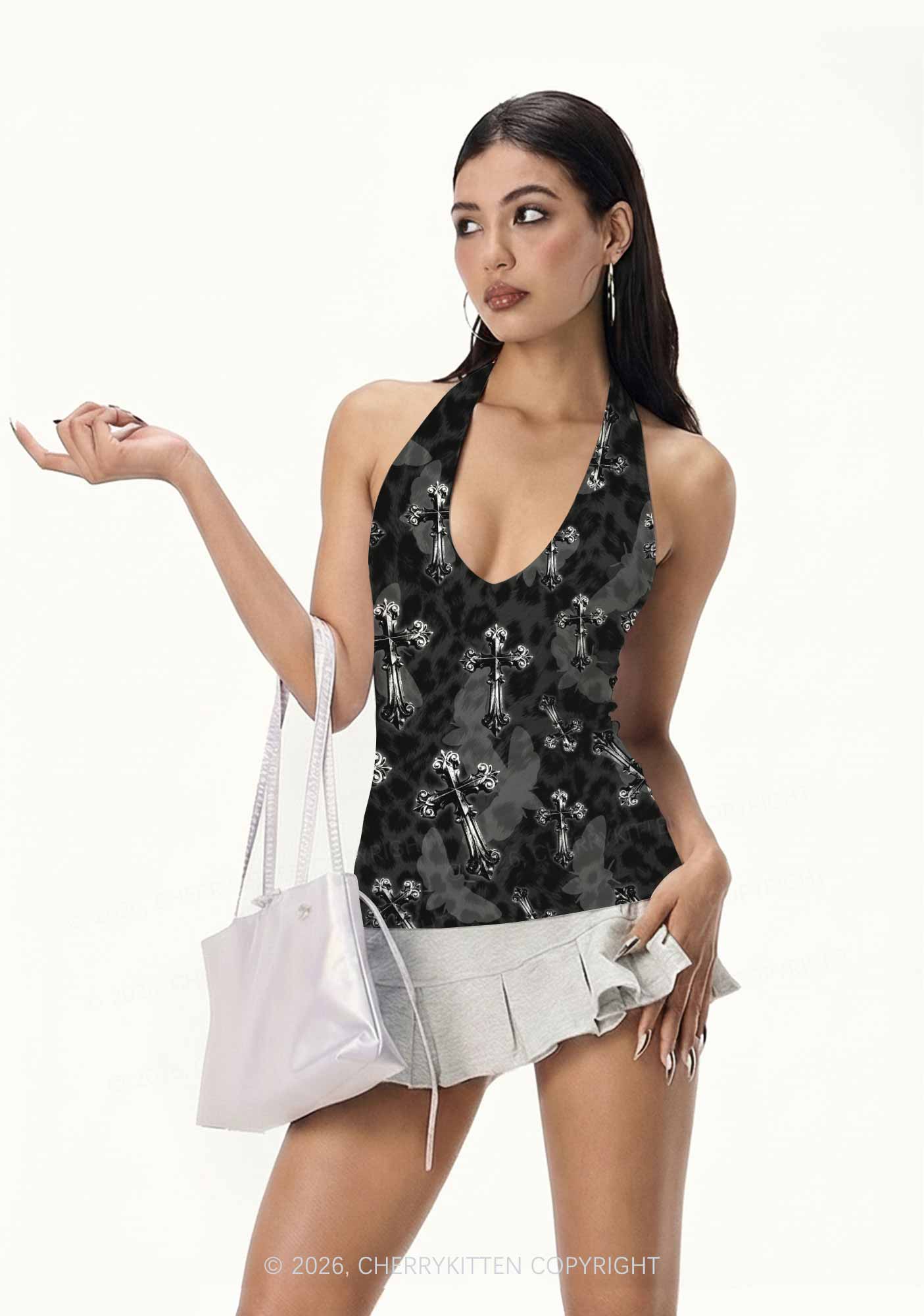 Halloween Gothic Cross Moth Leopard Y2K Print Halter Deep V Neck Cami Cherrykitten