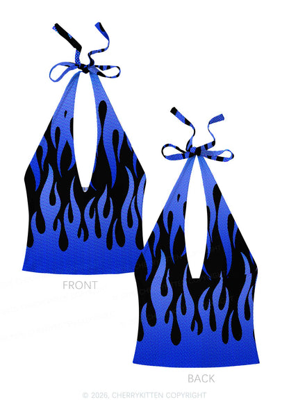 Royal Blue Flame Y2K Print Halter Deep V Neck Cami Cherrykitten