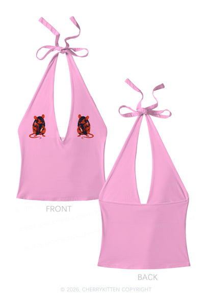 Sassy Rat Y2K Print Halter Deep V Neck Cami Cherrykitten