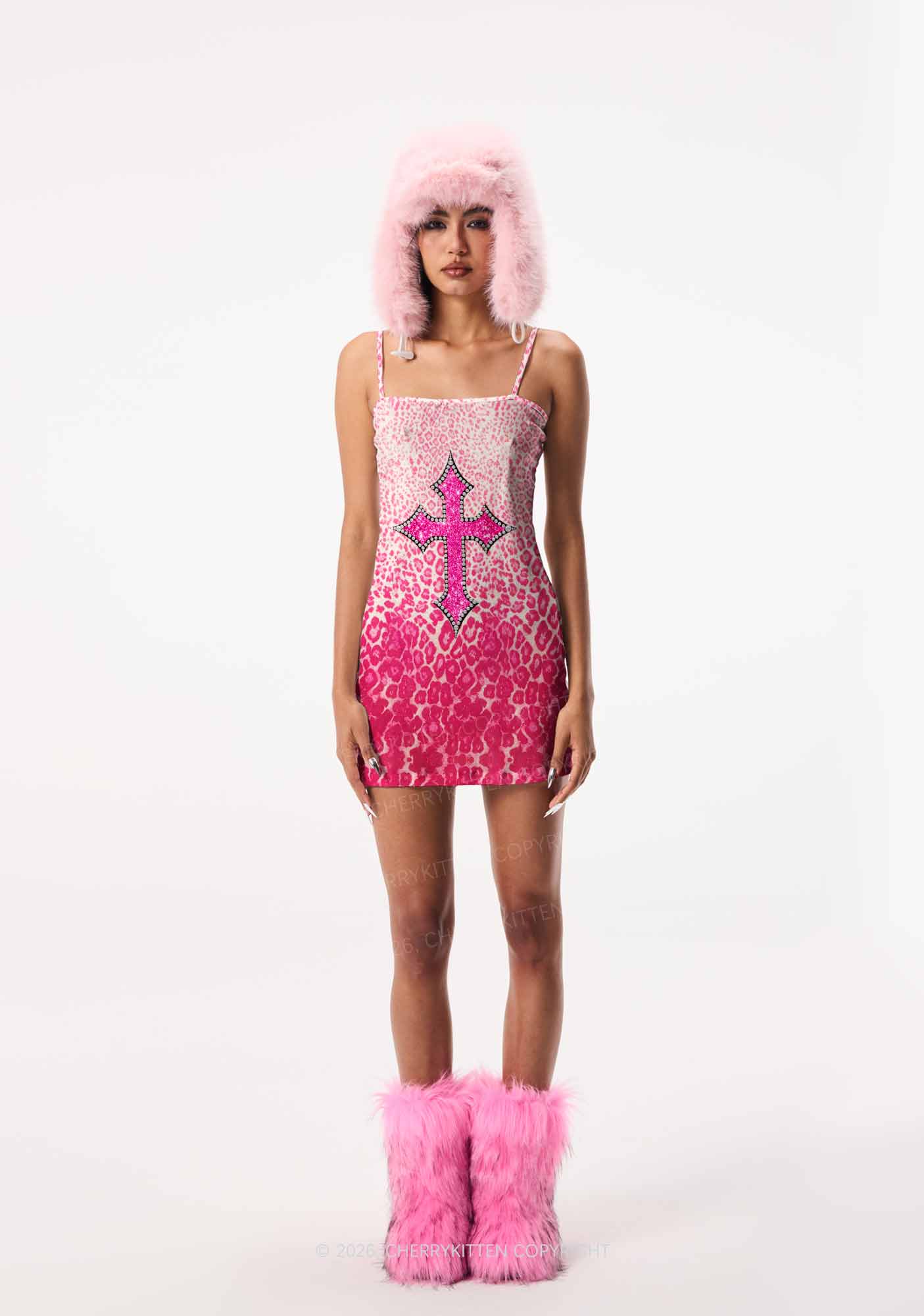Halloween Pink Leopard Cross Y2K Print Slip Dress Cherrykitten