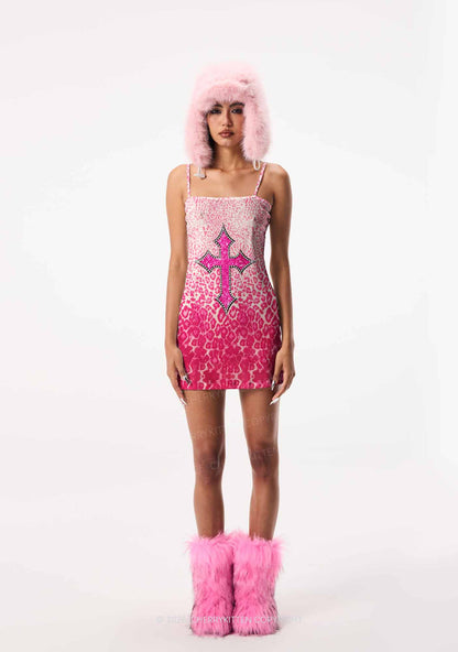 Halloween Pink Leopard Cross Y2K Print Slip Dress Cherrykitten