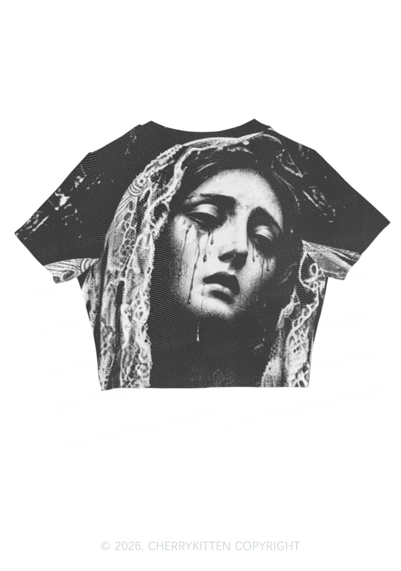 Halloween Weeping Veiled Woman Y2K Mesh Crop Top Cherrykitten