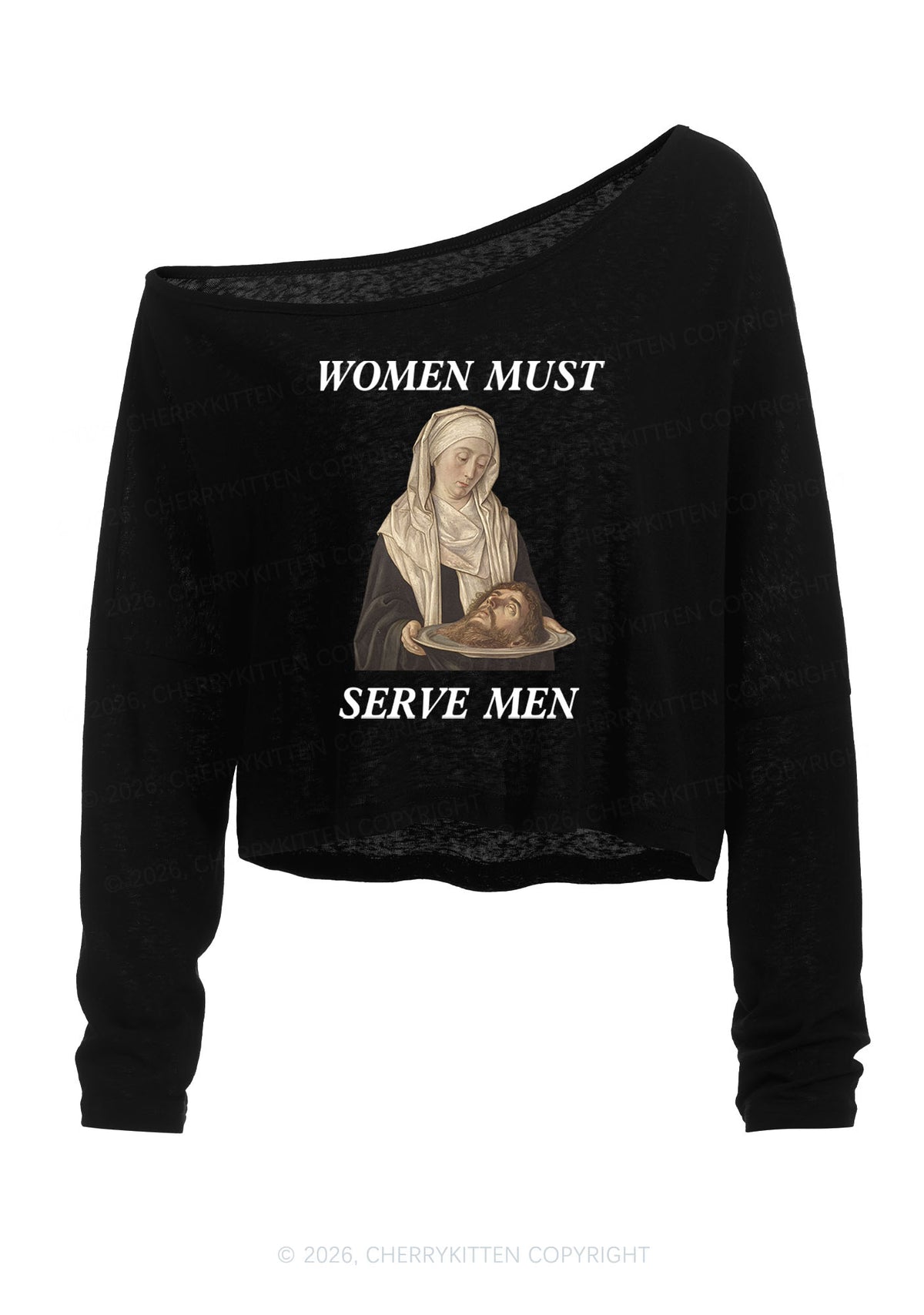 Women Must Serve Men Y2K Off Shoulder Long Sleeve Crop Top Cherrykitten