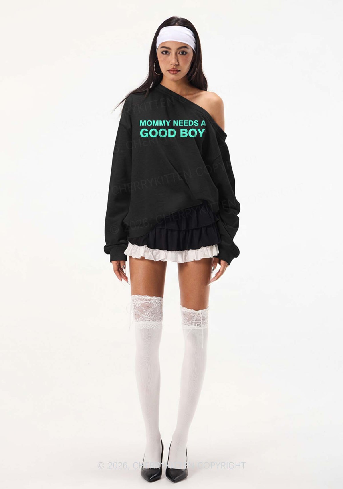 Mommy Needs A Good Boy Y2K Off Shoulder Sweatshirts Cherrykitten
