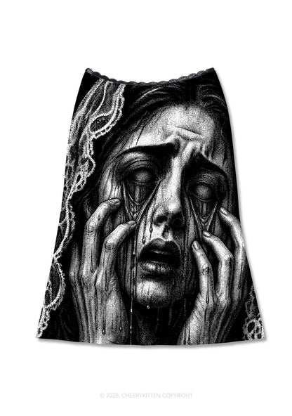 Halloween Veiled Crying Woman Y2K Print Midi Skirt Cherrykitten