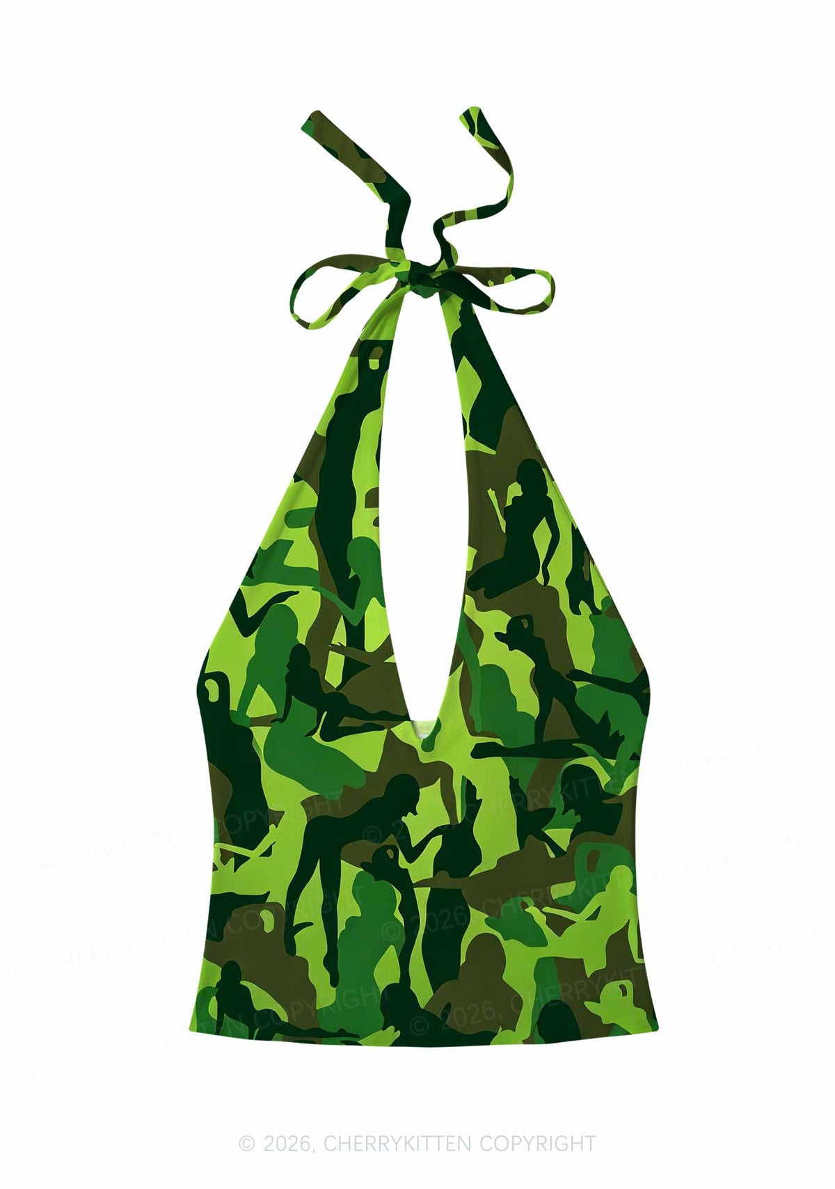 Green Camo Women Figure Y2K Print Halter Deep V Neck Cami Cherrykitten