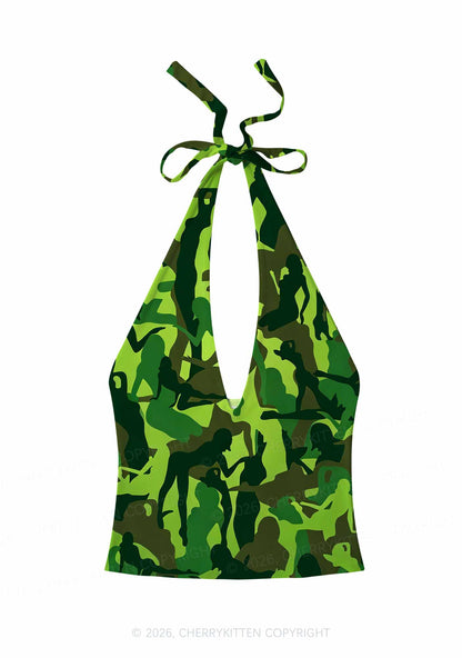 Green Camo Women Figure Y2K Print Halter Deep V Neck Cami Cherrykitten
