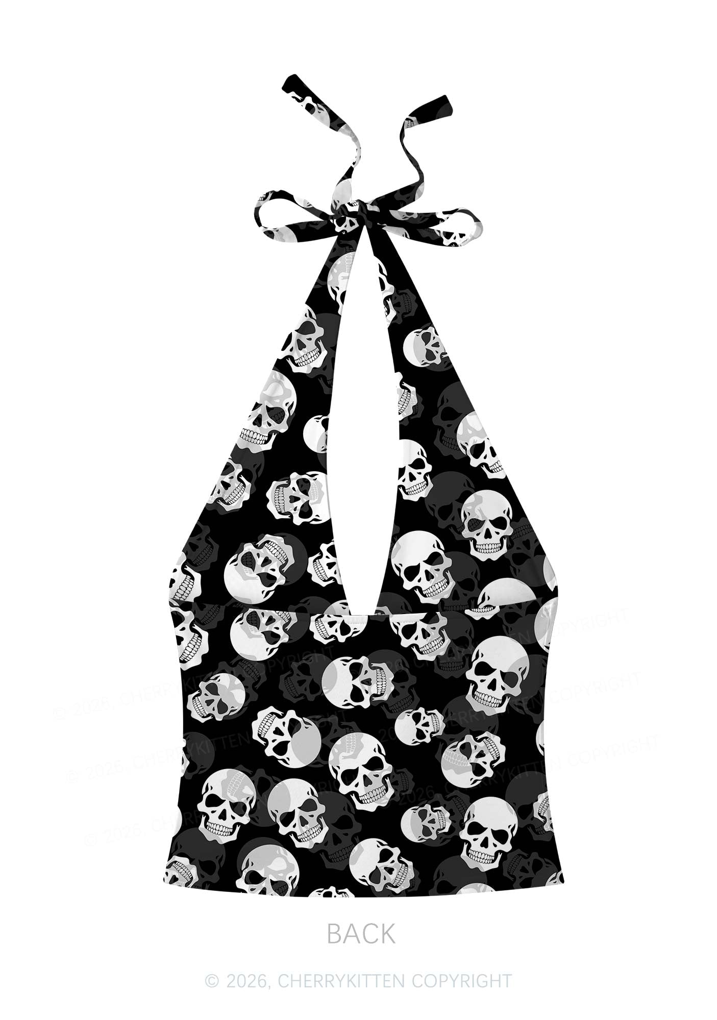 Halloween White Skull On Black Y2K Print Halter Deep V Neck Cami Cherrykitten