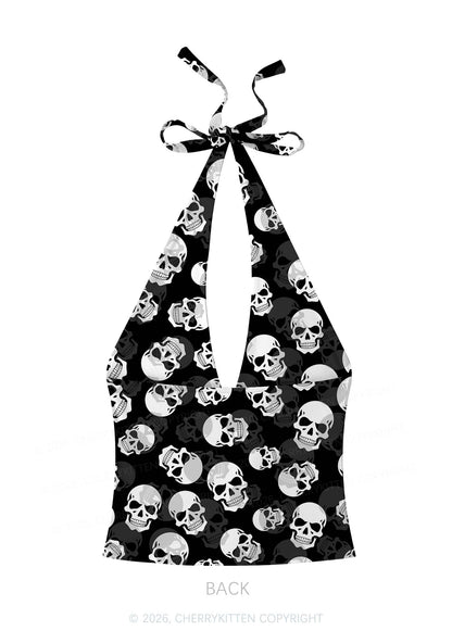Halloween White Skull On Black Y2K Print Halter Deep V Neck Cami Cherrykitten