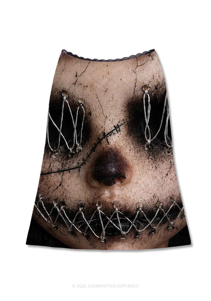Halloween Metal Wire Face Y2K Print Midi Skirt Cherrykitten