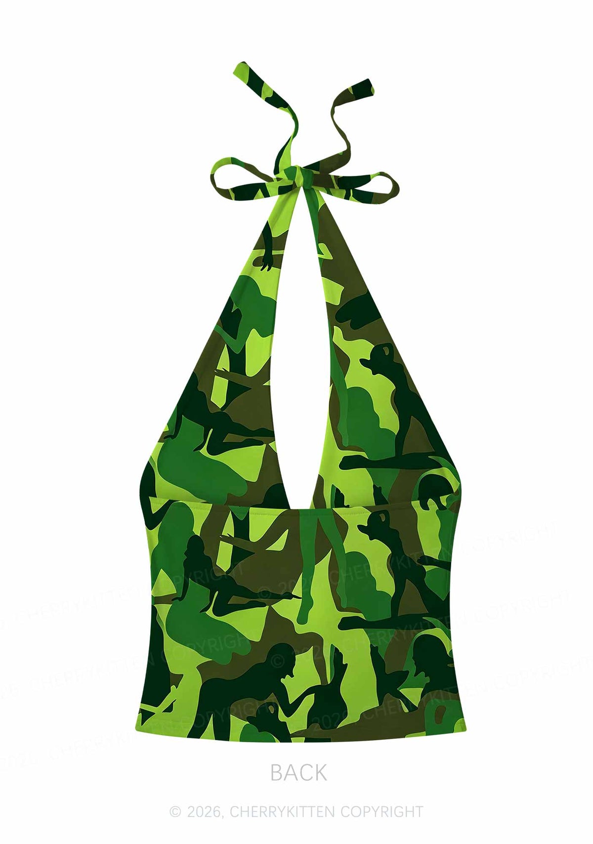 Green Camo Women Figure Y2K Print Halter Deep V Neck Cami Cherrykitten