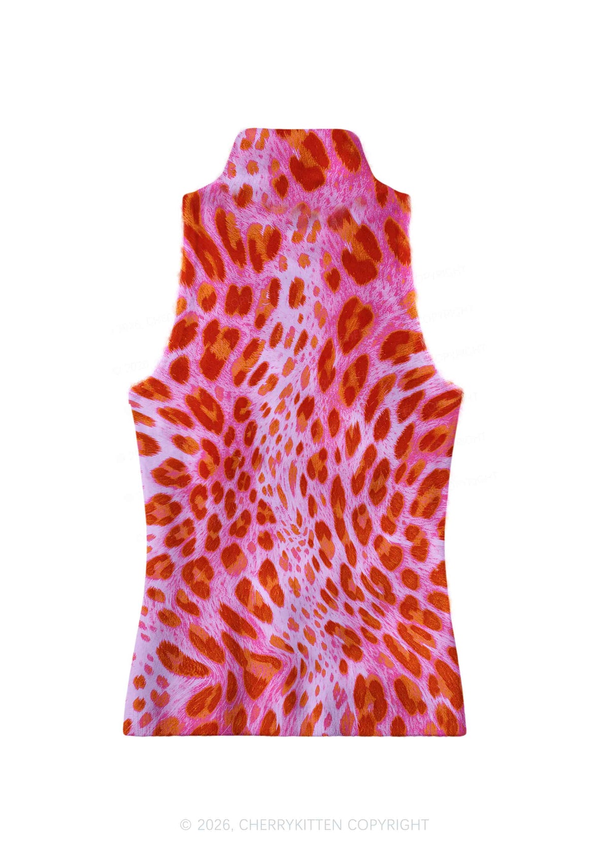 Pink And Orange Leopard Y2K Knit Turtleneck Tank Top Cherrykitten