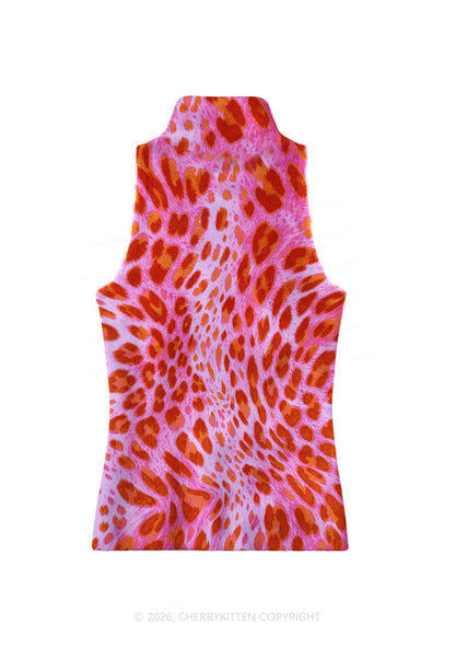 Pink And Orange Leopard Y2K Knit Turtleneck Tank Top Cherrykitten